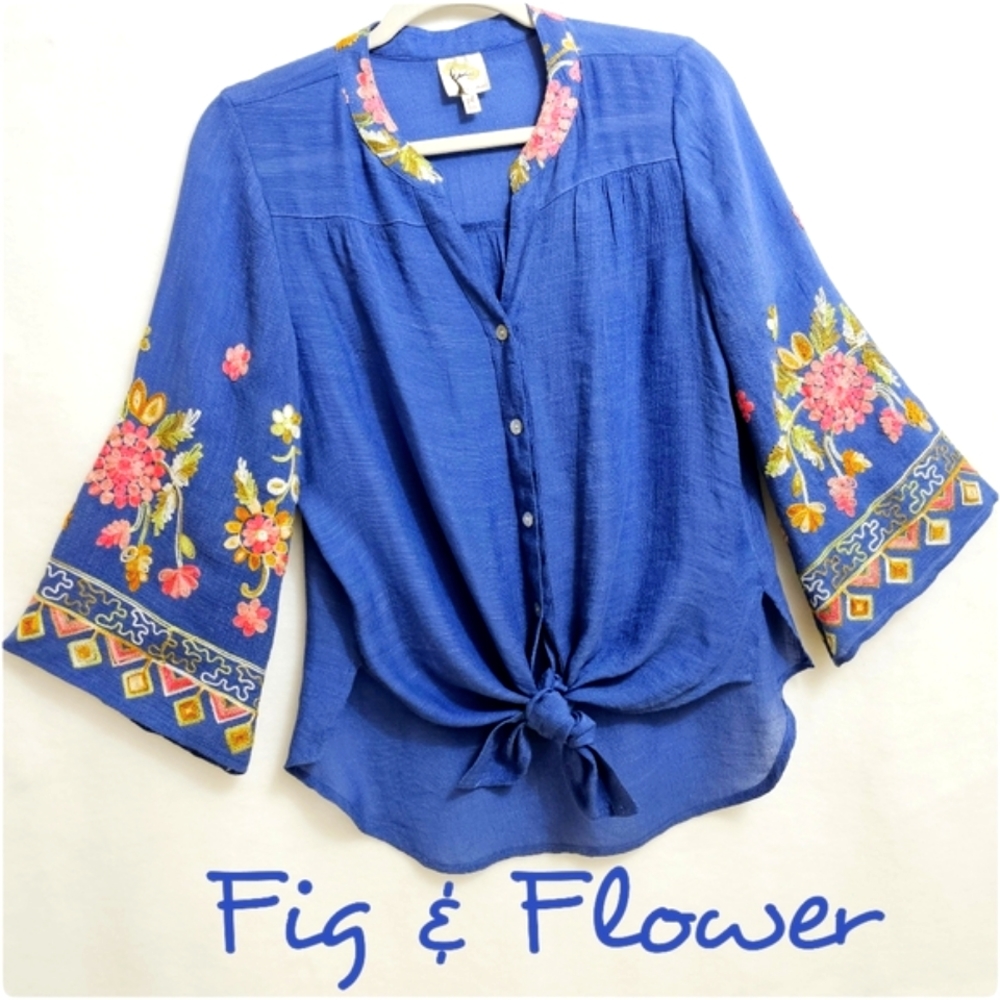 Anthropologie Fig & Flower Delft Blue Embellished Top, Petite Large